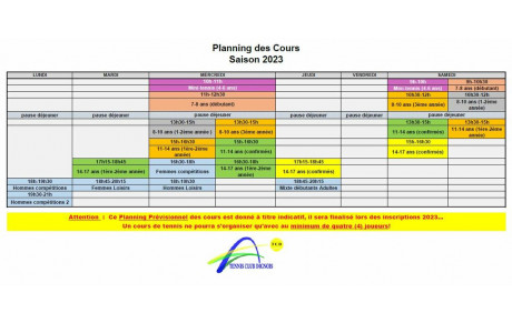 Planning Semainier Prévisionnel pour la Saison 2023